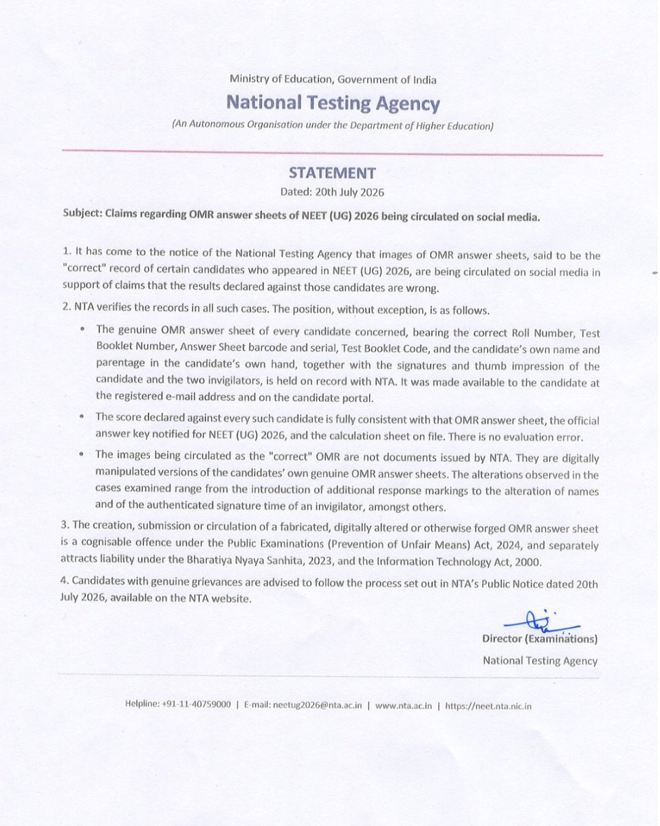 NTA_Exams's tweet photo. Regarding OMR-related claims for NEET (UG) 2026 being circulated on social media, it may be noted that the genuine OMR of every candidate concerned is on record with NTA. It was made available on the candidate portal and emailed to the candidates at the time of the OMR Response Key challenge window.

The images being circulated as the "correct" OMR are digitally fabricated. They are not documents issued by NTA.

Creating or circulating a forged OMR is an offence under the Public Examinations (Prevention of Unfair Means) Act, 2024.

More details on the Public Notice issued by NTA on 20th July at https://t.co/ehHaUsaoU6
