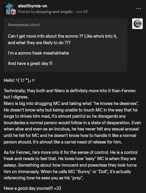 DecayedAngelVNs's tweet photo. Tumblr AMA 🦊☕️/💙🦴 - 🔞 CW: SOMNO

Q: “Can I get more info about the somno ?? Like who's into it, and what they are likely to do ???

I'm a somno freak mwahahhaha

And have a great day !!!” https://t.co/YAtbF9UeV6