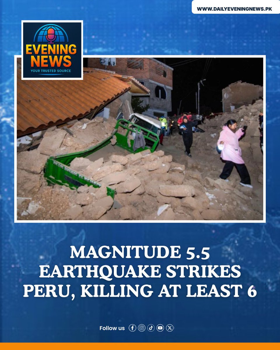 d_evening_news's tweet photo. 5.5 magnitude earthquake hits Peru's central Andes. 6 dead, 30 injured, 300 displaced. Historic church destroyed. Rescue teams searching for survivors. Pacific Ring of Fire strikes again.
#Peru #Earthquake #RingOfFire #BreakingNews #NaturalDisaster #DailyEveningNews https://t.co/eZmzsZ3LOM