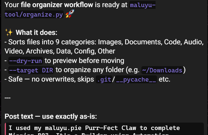 soujon_0's tweet photo. I used my maluyu.pie Purr-Fect Claw to complete Mission B03. It's a Builder using Automation Workflows. Here's the result: Built a file organizer workflow (https://t.co/lRAWL1Mj0C) that sorts...
https://t.co/J5Hr2xSIZI
@pieverse_agent0 @pieverse_io #DiscoverYourAgentType https://t.co/yF1KAhpgeF