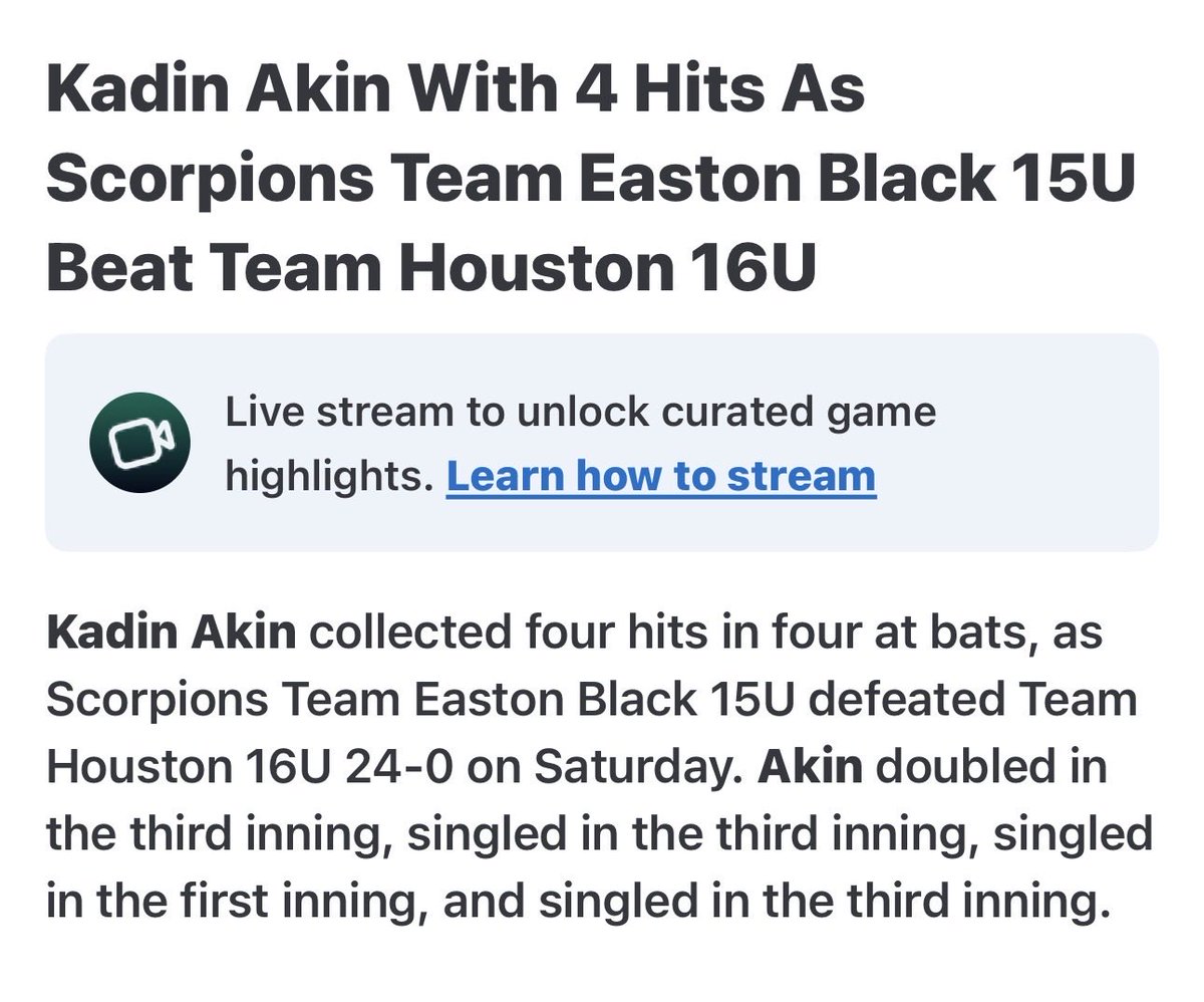 KadinAkin29's tweet photo. Ended the Summer Showcase Tournament Season with a .455 Batting Average as lead off batter! Played MIF, Pitcher, and CF. Had a great season!
#onelastshowcasecomingup
#improvingeverygame
#lovethegame https://t.co/bOXyxX4UYK