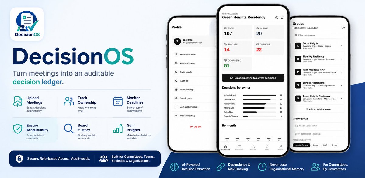 abhisek's tweet photo. Introducing DecisionOS.

Organisations don't fail because decisions weren't made.

They fail because decisions are forgotten.

DecisionOS turns meeting minutes into:

✅ Decision Ledger
✅ Owners
✅ Deadlines
✅ Dependencies
✅ Organisational Memory

#BuildInPublic #AI #SaaS https://t.co/VynNiXCBFH