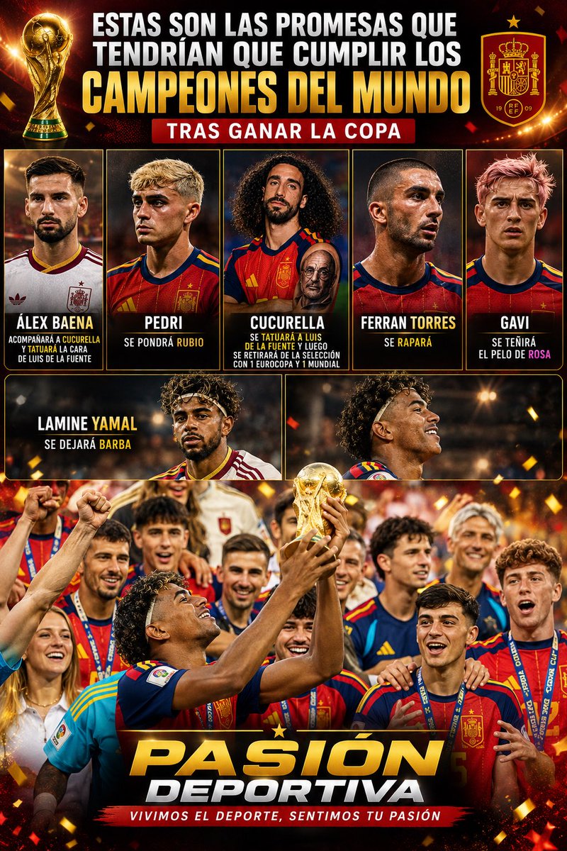 YunierTower's tweet photo. Los campeones del mundo españoles y su promesas tras ganar la copa. 🏆 https://t.co/yMEVTjbgyK