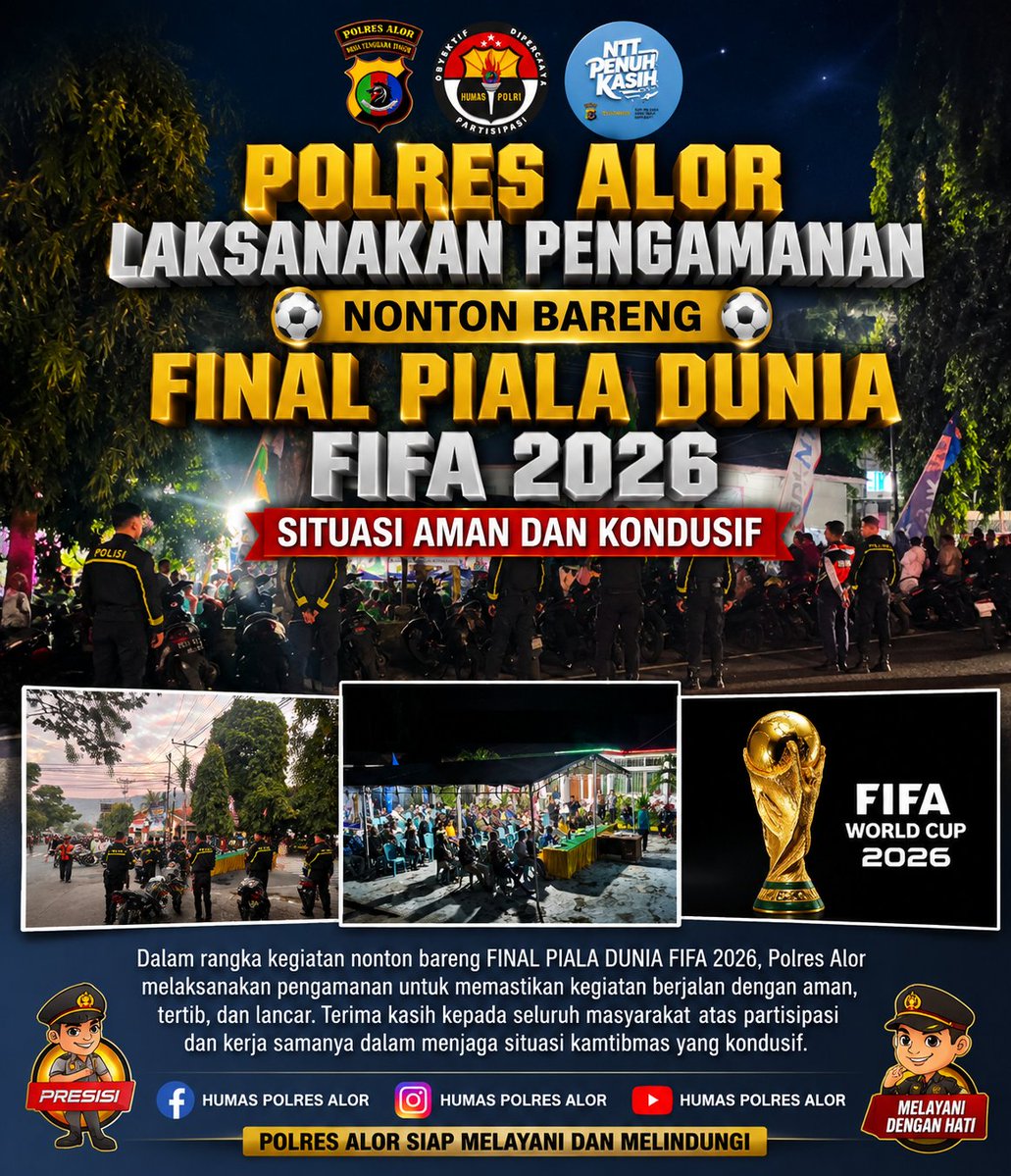 AlorPolres's tweet photo. POLRES ALOR LAKSANAKAN PENGAMANAN NONTON BARENG FINAL PIALA DUNIA FIFA 2026, SITUASI AMAN DAN KONDUSIF

Baca selengkapnya di https://t.co/Qi0X7hqj8i https://t.co/auvgRQmEwn
