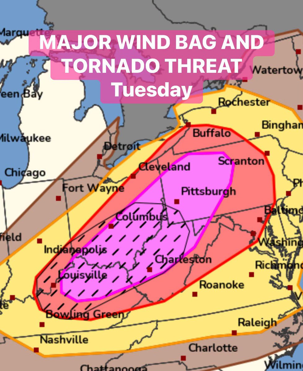ReedTimmerUSA's tweet photo. MAJOR WIND BAG and isolated #tornado threat on Tuesday from eastern Kentucky to western Pennsylvania!

We will be surging southeast after the severe weather outbreak in Wisconsin to work this severe weather outbreak the day after.

Never stop chasing https://t.co/YkKLHUN9hB