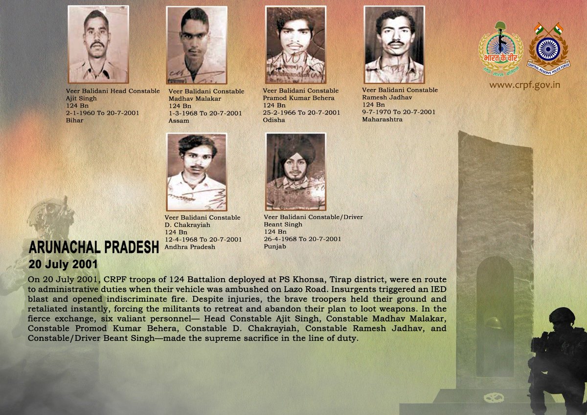 crpfindia's tweet photo. DG and all Ranks of #CRPF pay solemn tribute to six valiant troopers of 124 Bn, who made the supreme sacrifice while countering an ambush by insurgents in Tirap district, Arunachal Pradesh on 20 July 2001. #CRPF salutes the bravehearts and pledges never to let their sacrifice go in vain.

#LestWeForget 
🇮🇳#Bharat_Ke_Veer🇮🇳