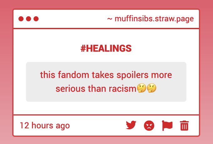 muffinsib's tweet photo. not saying any names but theres this one wuber who used to geek out over being spoiled for uu LOL 

same wuber who sent my tweet about the racism surrounding flame into their lil disc server saying 'not everythings about race'... u know who u are https://t.co/gud4UYxo7o