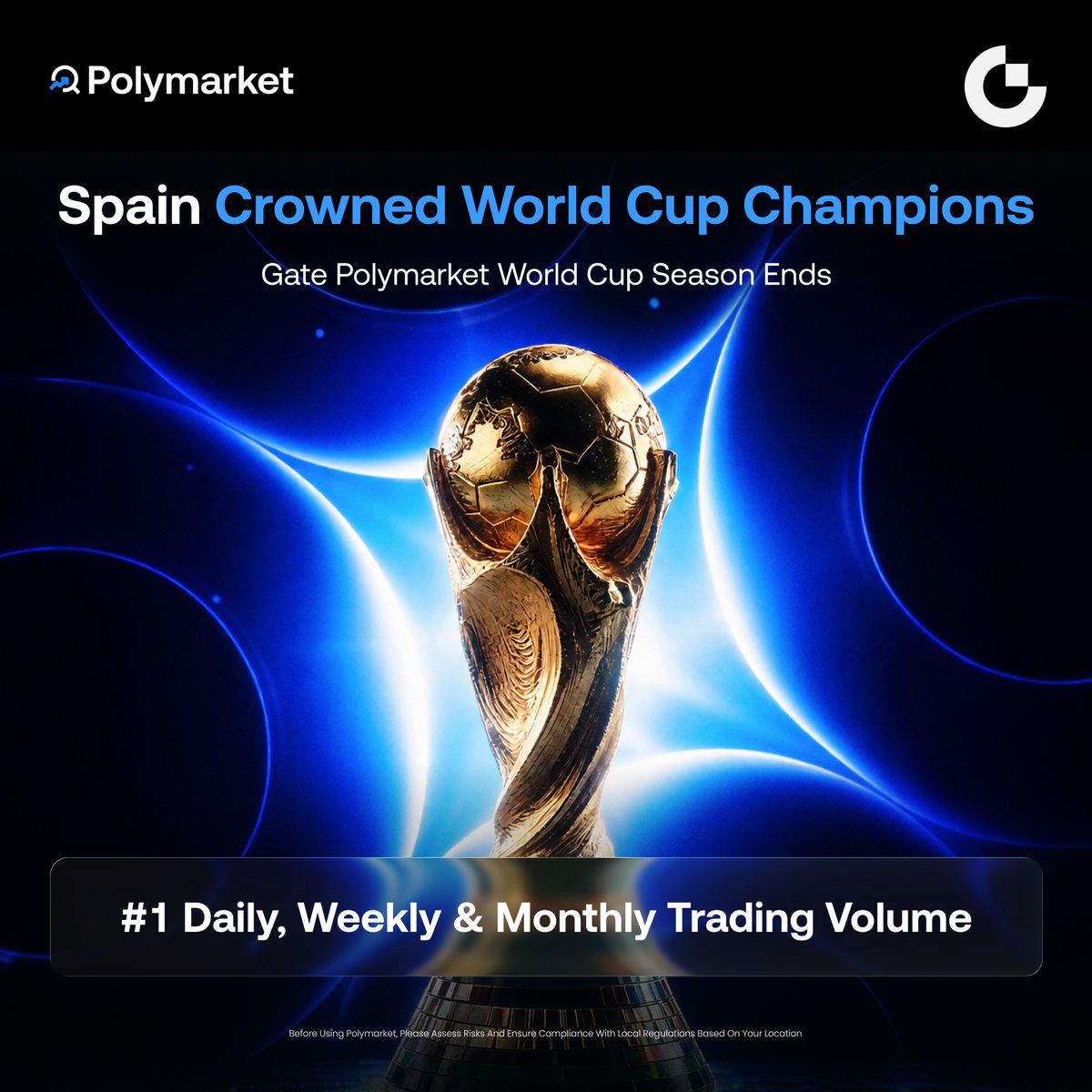 Gate_Lyn's tweet photo. 🏆 Spain said: “This trophy is ours.” 🇪🇸✨
And just like that… the World Cup journey comes to an end.
But the prediction game? It’s only getting started 👀

During the tournament, Gate Polymarket hit:
🥇 #1 Daily Trading Volume
🥇 #1 Weekly Trading Volume
🥇 #1 Monthly Trading Volume

From “who will win?” to “who saw it coming?” — millions of predictions were made throughout the tournament ⚽

Next arena unlocked:
⚡ Esports
📈 Crypto
🏦 Stocks
🔥 More sports events

The next prediction is waiting. 🎯
👉 Explore: https://t.co/BdvGFAI00R
#WorldCup2026 #Gate #PredictionMarket