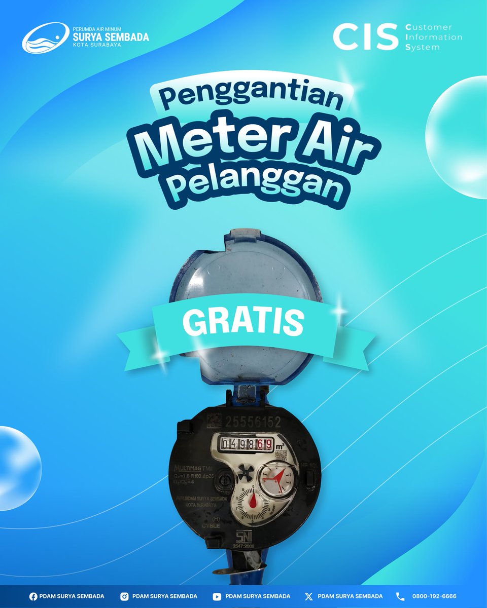 PDAMSurabaya's tweet photo. 𝗞𝗮𝗯𝗮𝗿 𝗚𝗲𝗺𝗯𝗶𝗿𝗮 𝗨𝗻𝘁𝘂𝗸 𝗪𝗮𝗿𝗴𝗮 𝗦𝘂𝗿𝗮𝗯𝗮𝘆𝗮! 🎉

Perumda Air Minum Surya Sembada Kota Surabaya menghadirkan program penggantian meter air pelanggan secara GRATIS!

#PAMSuryaSembada #PenggantianMeterAir #GantiMeterBaru #CISPDAM #beritapdamsby https://t.co/IVCeQMzJ8u