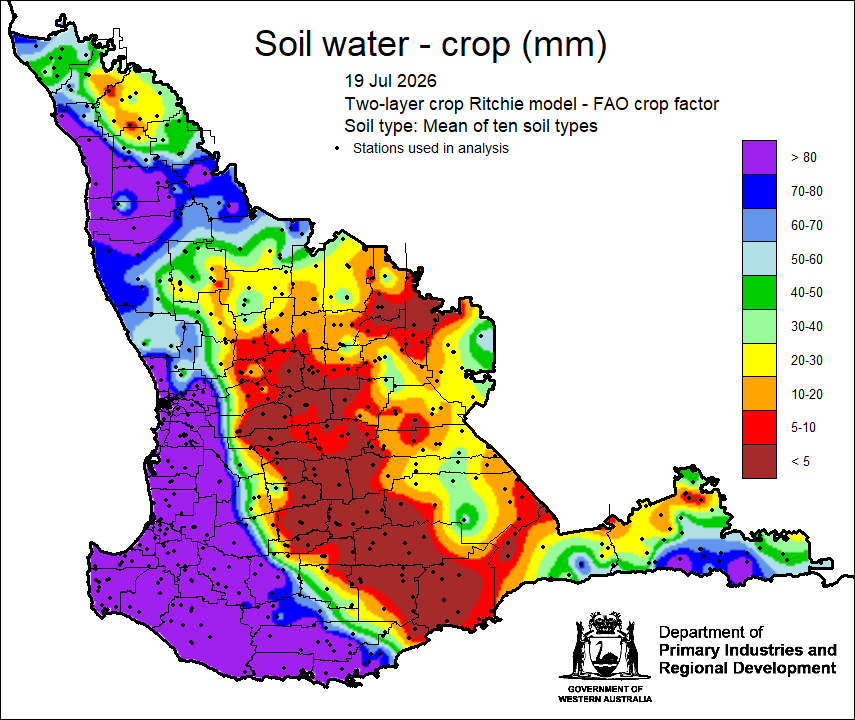 MeredithGuthr15's tweet photo. Latest @DPIRDbroadacre rainfall and soil water maps from 1 April. Pingrup 77 mm, Pemberton 540 mm. (red dot is Borden has missing data). Year to date maps can be found here https://t.co/8AbdJb8fs2 (Kukerin 101 mm, Pemberton 623 mm since the start of the year). #climate https://t.co/fPeAnRaYmY