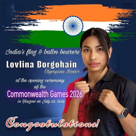 Northeast_Arena's tweet photo. Pride of India! 

#LovlinaBorgohain &amp; Mirabai Chanu will lead the 124-member 
Indian contingent as flag and baton bearers at the Glasgow 
2026 Commonwealth Games opening ceremony. 

#CommonwealthGames2026 https://t.co/8x6lDrc3dH