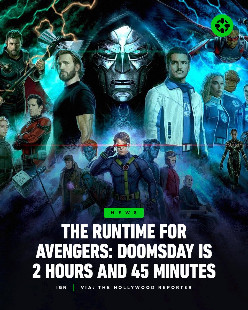 IGN's tweet photo. Avengers: Doomsday will have a runtime of 2 hours and 45 minutes, making it one of Marvel's longest movies to date. Tickets go on sale beginning July 20th. https://t.co/QZKY8sWK8g https://t.co/DgIZ2MG87h