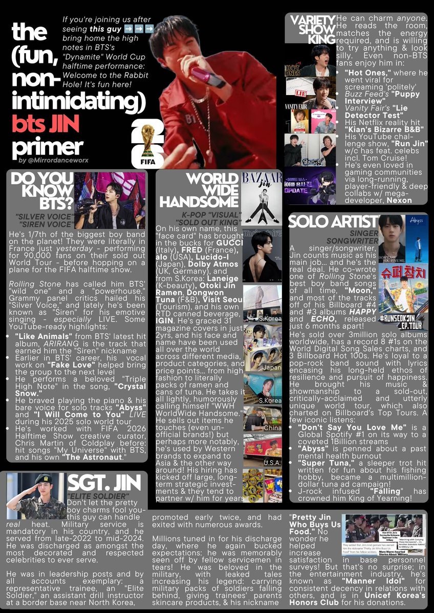 Mirrordanceworx's tweet photo. #BTSHalftimeShow has searches sky high &amp; the internet buzzing! If the red-hot charmer in all-red has you curious: He's BTS JIN, an awesome guy in music &amp; beyond. He's so loved here 💜 Welcome to the rabbit hole!

#방탄소년단진 #JIN #진
JIN AT FIFA WORLD CUP
BTS AT WORLD CUP 2026 https://t.co/SlYZLT8A7R