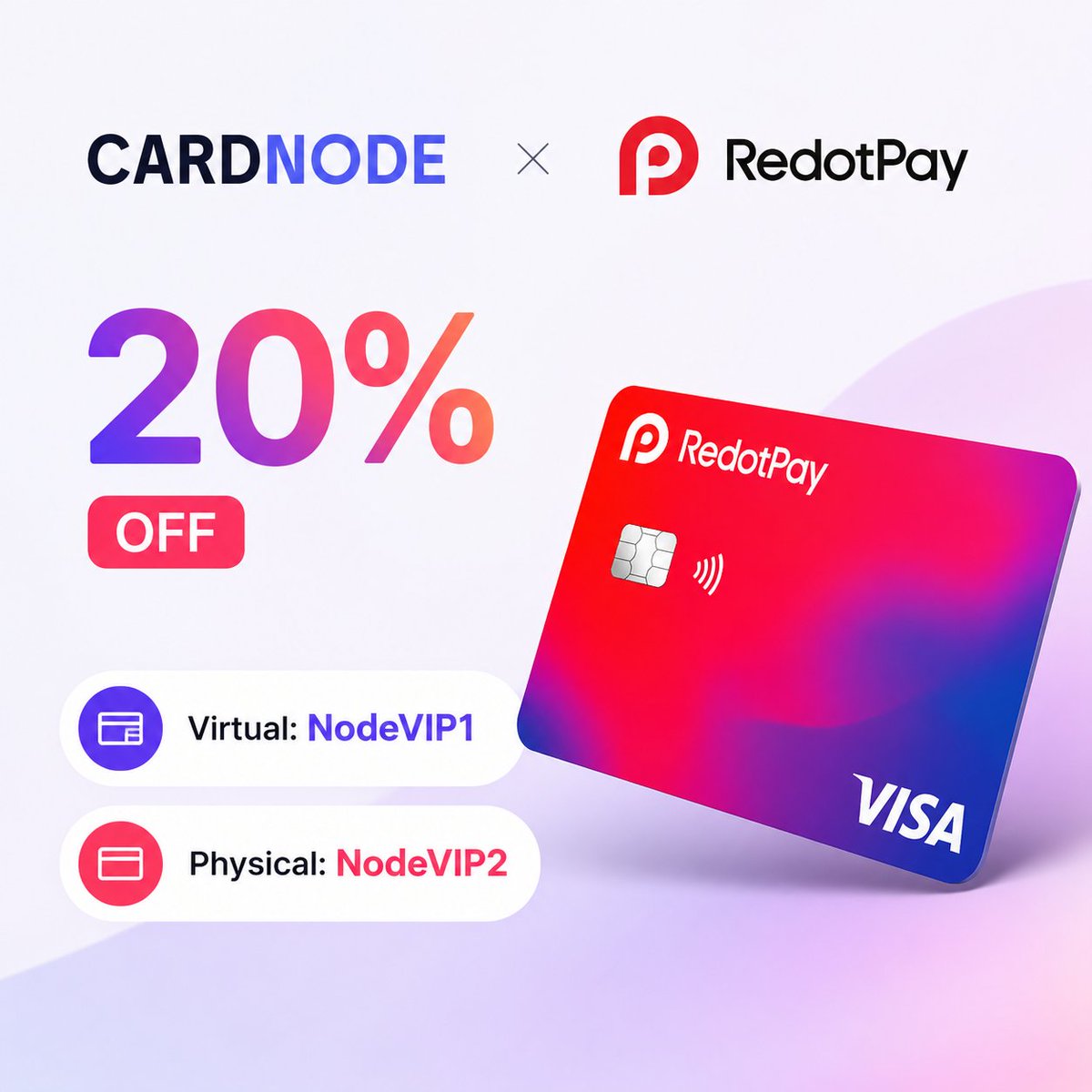 cardnode's tweet photo. 🚨 CardNode × RedotPay

Official partnership. Official 20% discount. 🎉

🎟️ Virtual: NodeVIP1 
🎟️ Physical: NodeVIP2

Thanks to the RedotPay team for supporting the CardNode community! 💳🚀 https://t.co/6nZROEVL2R