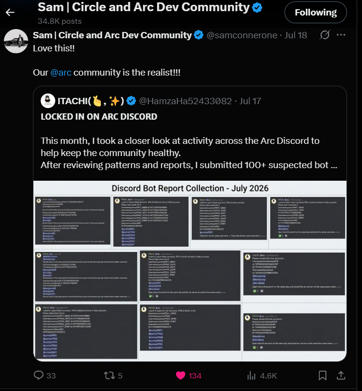 0xsqaud's tweet photo. Architects!!  hi

day 6  updates

🧵 Arc Blockchain (Circle) Latest Update - July 2026 

1/ Arc is a stablecoin-native EVM L1 built for real-world finance. USDC as gas, sub-second finality, predictable fees, optional privacy. Currently live on public testnet → Mainnet expected Summer 2026. 

2/ Key Stats (recent week):  
• ~15M transactions  
• 2.17M contracts deployed  
• Avg tx cost: $0.013  
Strong builder momentum ahead of mainnet.

3/ Points Program (Arc House / Architects)  
Earn points + badges for real contributions:  
• Building dApps/tools  
• Content & tutorials  
• Events, speaking, integrations  
Track on-chain. Best way to position for potential rewards/airdrop.

4/ Early Projects Building on Arc (testnet/mainnet-ready):  
• @UsdCurve - USDC fair-launch bonding curves  
• @TowerExchange - Stablecoin DEX aggregator  
• @warponarc - Launchpad + trading terminal  
• @Xylonet_ - Social liquidity & payments  
• @Orixaxyz - Native NFT marketplace  

5/ More highlights:  
• @ArcPump, @actfunxyz (launchpads)  
• @ArcPunksNFT, @ARChitects_xyz, @KyneraOnArc (NFTs)  
• @hinkal_protocol (privacy)  
• Hackathon ongoing (Checkpoint 1 just closed)

6/ Why it matters: Backed by Circle (USDC), big institutions (BlackRock, Visa, Goldman, Apollo), $222M token presale at $3B valuation. Focus = programmable money, RWAs, agentic AI economies.

7/ Actionable Tips  
• Join testnet + Community Program for points  
• Follow @arc & @circle  
• Explore: https://t.co/FI0mU1VsDB  

Mainnet summer = big catalyst. DYOR & build! ⚡