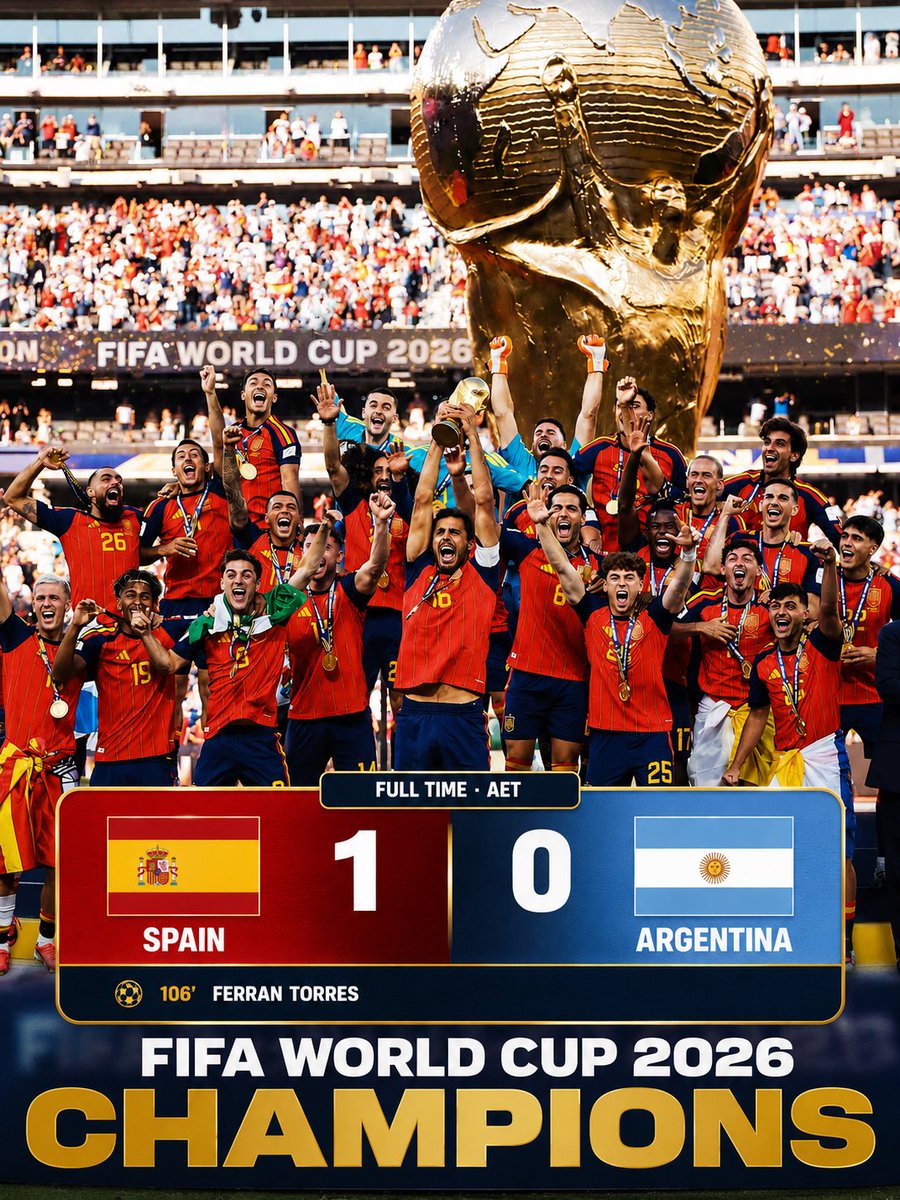BanGrmc3's tweet photo. 🏆 FULL TIME (AET)

🇪🇸 สเปน 1-0 อาร์เจนตินา 🇦🇷
⚽ 106’ เฟร์ราน ตอร์เรส
     16 ปีของการรอคอยของสเปน
  สเปนคว้าแชมป์ฟุตบอลโลก 2026 
ได้สำเร็จพร้อมจารึกประวัติศาสตร์อีกครั้ง  🔥🇪🇸 https://t.co/wcZjHvUQV2