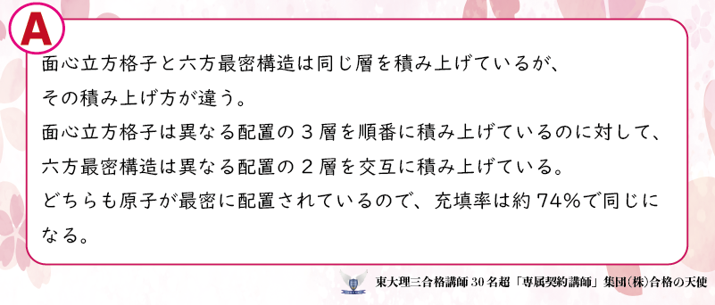 sousui1004's tweet photo. VOL.102
【受講生の質問】＆【東大理三合格講師30名超「専属契約」講師集団（株）合格の天使講師の回答公開シリーズ】

🛑質問＜数学＞
面心立方格子と六方最密構造の充填率が同じなのはなぜですか？

🛑回答
画像をご覧ください

数学の質問回答バックナンバー　はこちら↓　　
https://t.co/lmnL29y1oy

📌チェック
合格の天使の指導　では受験全教科の受験戦略を勘案した個人個人のオリジナル計画の立案に始まり、全教科についてわからない問題のみならず勉強法や様々な質問/相談が何でもできます！
質問できないことはありません！
合格の天使ネット塾受講生は常にこのような回答を得ています！わからないこと、そのレベルも人それぞれです。だからこそそれに応じて解決していかないと効率的に実力は伸びないのです！

======================
このような質問回答を無限に得て
医学部、難関大合格へ‼️
======================
↓↓↓
☆☆☆☆☆☆☆☆☆☆
㊙️他指導との絶対的違いを知る
必見コンテンツ㊙️
☆☆☆☆☆☆☆☆☆☆☆☆

【指導に関するQ＆A】
https://t.co/4BU2Lblreq

【合格の天使指導の秘密】
歴代100名超＆現30名超の東大理三合格講師が率直に語る
https://t.co/7csDmcADbJ
＿＿＿＿＿＿＿＿＿＿＿＿＿

（株）合格の天使公式サイトトップページ
https://t.co/bt0NpgEhgn
＿＿＿＿＿＿＿＿＿＿＿＿＿