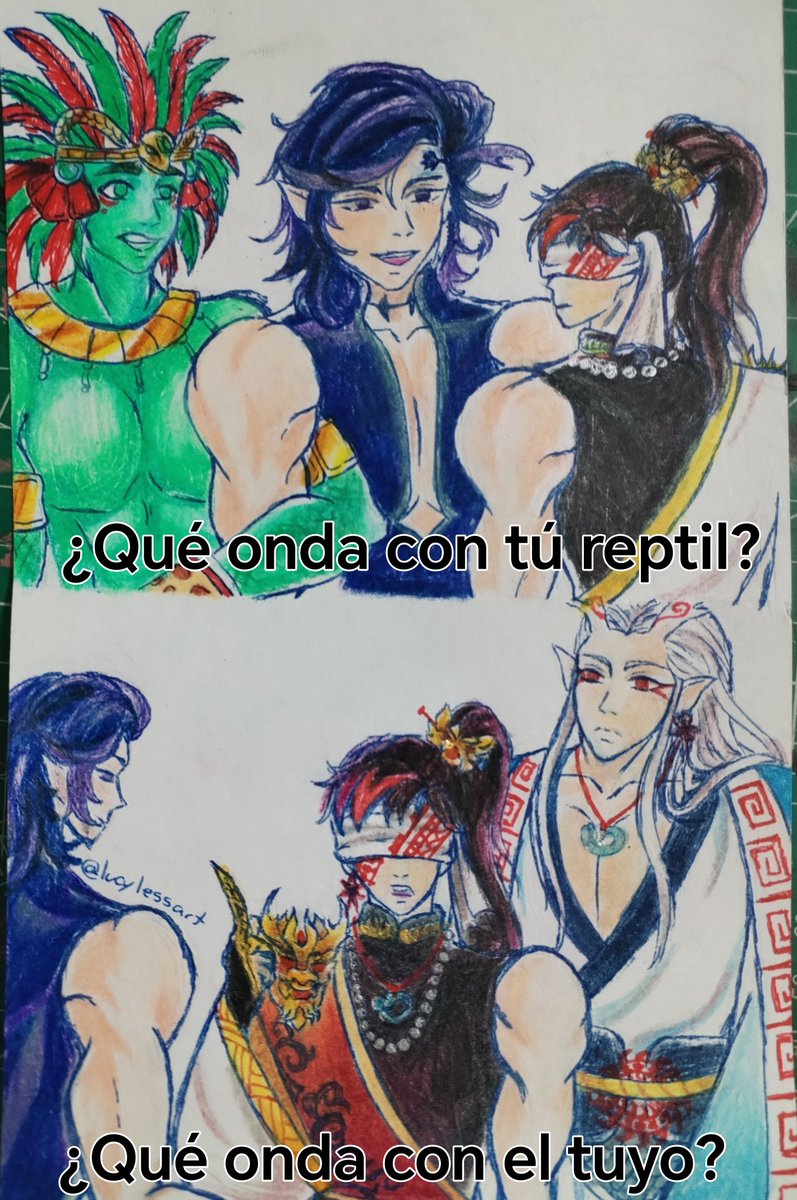 lucylessart's tweet photo. Dibujito de meme del AU de @Dashita510 donde Hades es gótico culon, así que mi interpretación es Qin siendo más tradicional y se ligó al Rey Dragon del Mar del Este, Ao Guang
#snv #recordofragnarok #Nezha2 https://t.co/CqYMy7p6mJ