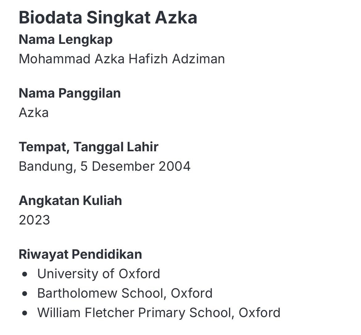 ptn_fess's tweet photo. Tadi iseng lihat profil Azka COC di website Ruangguru. Ternyata dia lahir di Bandung, lalu beberapa bulan kemudian ikut pindah ke Tokyo, Jepang. Setelah itu sempat tinggal di Swansea, Wales, sebelum akhirnya menetap di Oxford, Inggris selama sekitar 12 tahun. Dari SD sampai SMA juga ditempuh di Inggris.

Sekarang Azka sedang menjalani tahun keempat di University of Oxford dengan IPK sempurna 4,0/4,0. Program yang diambil adalah integrated master’s, jadi jenjang S1 selesai dalam 3 tahun dan langsung lanjut S2 selama 1 tahun. Benar-benar kombinasi kesempatan yang luar biasa dan kemampuan akademik yang keren. ✨