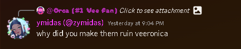 KodaCovers's tweet photo. Okay so you replied to THIS message by my friend showing a gif of her skin being used in the official visualizer for Po-Pi-Po. She is much so an advocate for BUFFING veeronica, not nerfing her, so at zero point would it be "Obvious" like you said that the reply was about Veeronica being nerfed. 

After being told off rightfully, you started making snarky remarks about her not being "smart enough" to understand the joke.

You also go onto twitter and vaguepost about me.

You're a scumbag, Midas. Not to mention how a few weeks ago YOU accused me of using slurs because I was saying 1x shouldn't be able to snipe survivors from half the map. You're a fucking hypocrite.