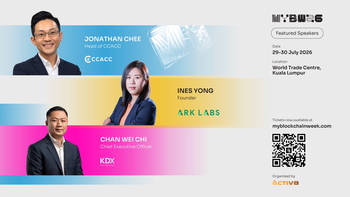 MalaysiaBCW's tweet photo. 🚀 Featured Speakers joining MYBW 2026: Jonathan Chee, Ines Yong and Chan Wei Chi.

Jonathan Chee (@jonathanchee315), Head of CCACC (@ccacc_hub), brings deep experience across corporate finance, investment banking, capital markets, fintech and digital assets, advising founders, investors and institutions on fundraising, tokenisation and blockchain adoption.

Ines Yong (@inesyongdao), Founder of Ark Labs (@ArkLabs_tech), leads an APAC-focused RWA tokenisation and digital infrastructure advisory firm, with expertise across income-generating assets, oracle infrastructure and on-chain data verification.

Chan Wei Chi, CEO of KDX (@KDXMalaysia), is a pioneer in Malaysia’s regulated digital asset industry, leading one of the Digital Asset Exchanges approved by the Securities Commission Malaysia.

From tokenisation and digital asset exchanges to capital markets and regulatory adoption, this group brings a grounded view on how Web3 infrastructure can connect with real financial markets.

📍 World Trade Centre, Kuala Lumpur
📅 29–30 July 2026
🎟️ Get your tickets now: https://t.co/wIVLyCe2ak
