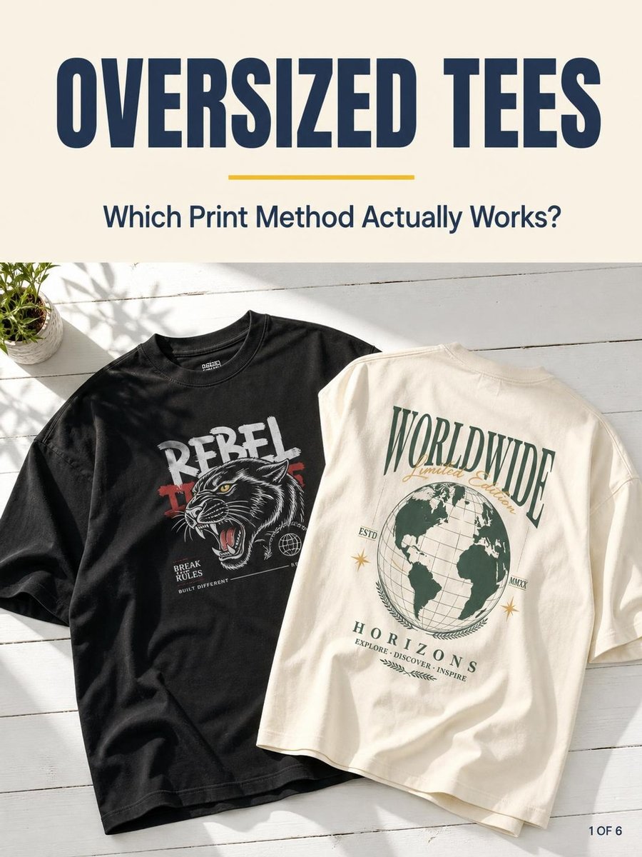 Meowprintsg's tweet photo. Your oversized tee design is probably sitting too low.

Scale to 33-35cm wide for oversized fits. DTF for mixed fabrics, screen print for 50+ pieces, DTG for 100% cotton. Full breakdown in slides. https://t.co/hpaeZu5luq