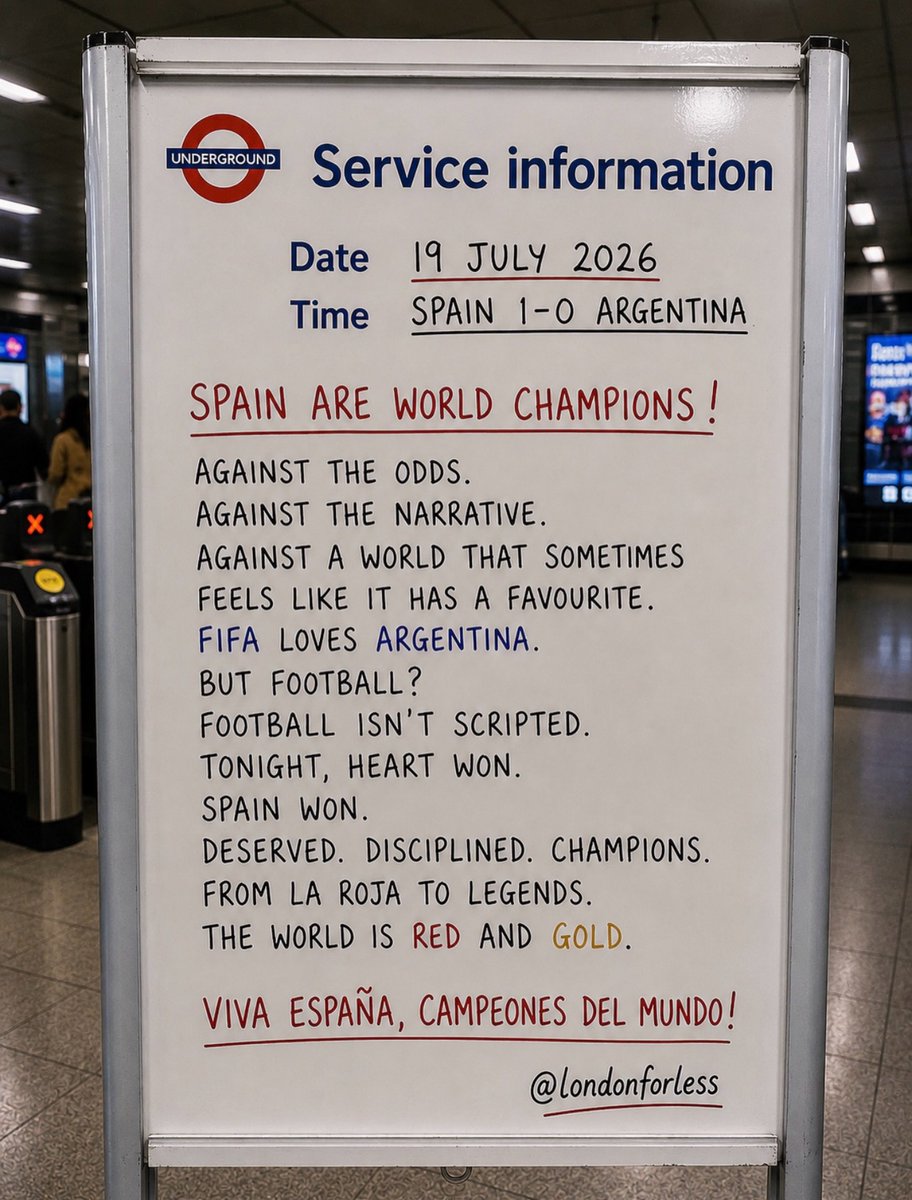 SusanneM0905's tweet photo. Football always wins. ❤️🇪🇸
Congratulations to Spain on becoming World Cup champions. A final worthy of the biggest stage, and a performance that earned every bit of the trophy.
Viva España. 🏆🇪🇸
#LondonForLess https://t.co/W3xAazj9mT