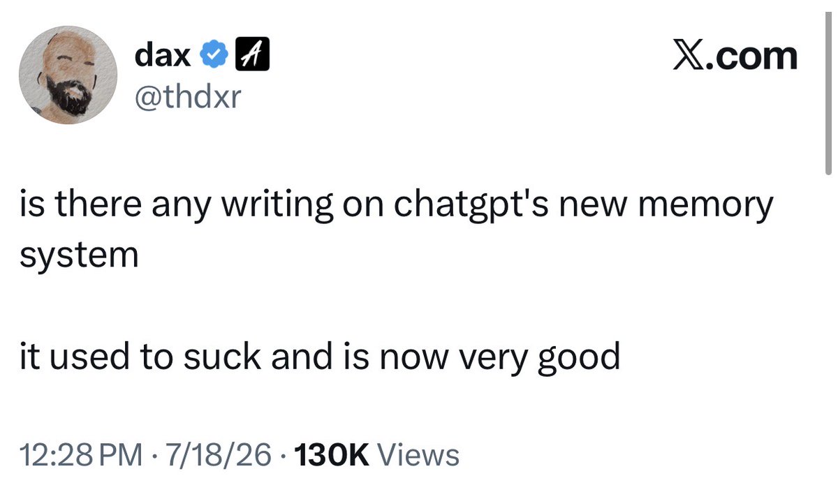 _samirism's tweet photo. throughout june we rolled out major updates to chatgpt memory 

it can be hard to tell the difference initially  

but alot of folks are clearly feeling the improvements now https://t.co/KkzOE9rGIW