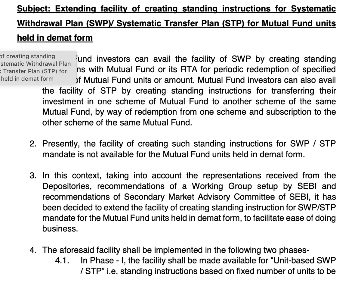 AkashDGarg's tweet photo. Good News: For #MutualFund investors holding units in DMAT form.
@SEBI_India has extended the facility of #SWP and #STP for dmat unit holders with immediate effect.
Phase1: unit based
Phase2: amount based
Circular below: https://t.co/qJFgCNNf2q