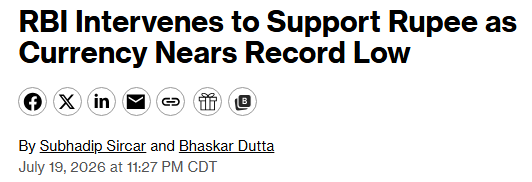 Barchart's tweet photo. JUST IN 🚨: Reserve Bank of India intervenes to prevent collapse of their Rupee currency 🤯 https://t.co/AFs5fglad4