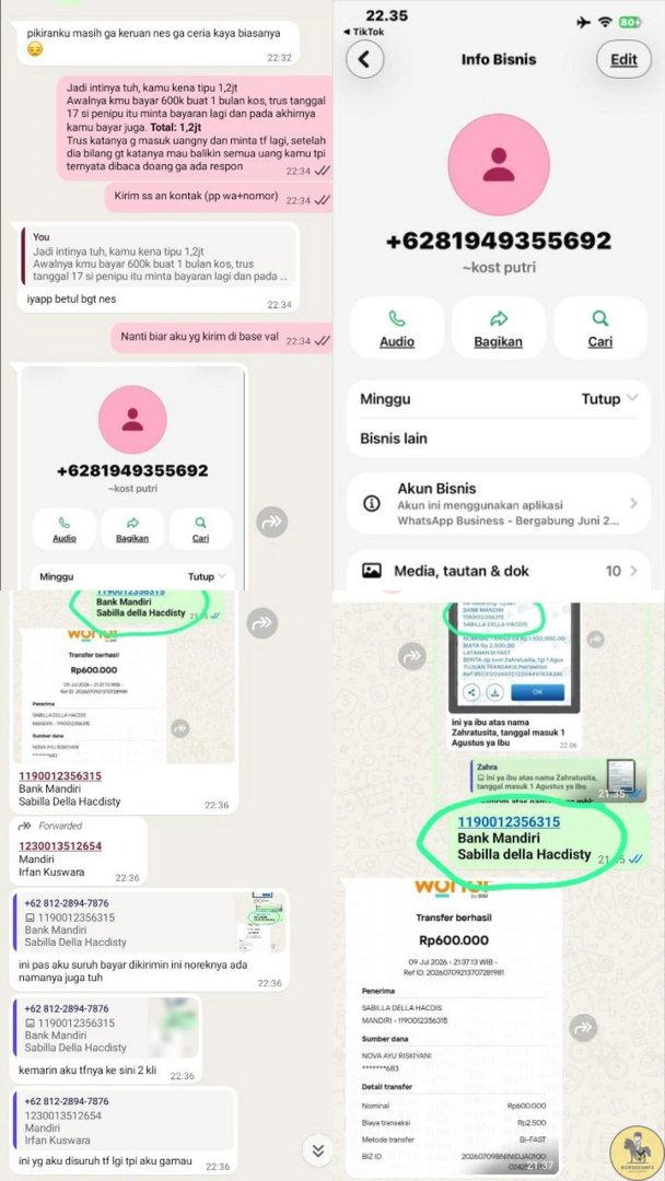 unsoedmfs's tweet photo. Jends, hati-hati penipuan kos!
Temen sender baru aja kena penipuan kos, minta tolong sebarin sampe si penipu balikin uangnya jends :(
Kronologi+nomor wa &amp; rekening si penipu ada di gambar.
Minta tolong ya jends temen sender abis ini harus gimana lagi.... https://t.co/6Zy1vZkc1E