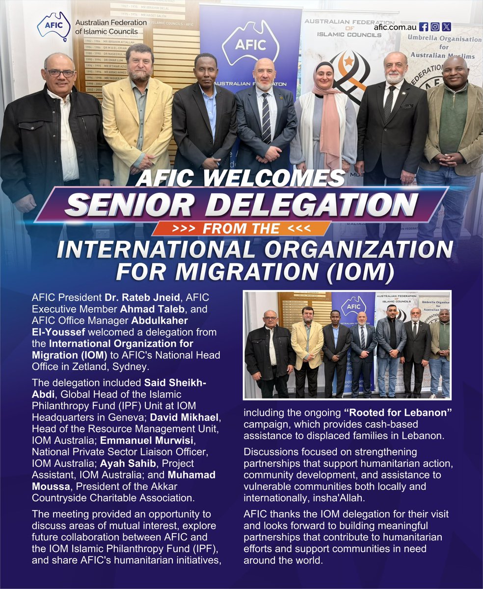 ratebjneid's tweet photo. AFIC President Dr. Rateb Jneid, AFIC Executive Member Ahmad Taleb, and AFIC Office Manager Abdulkaher El-Youssef welcomed a delegation from the International Organization for Migration (IOM) to AFIC’s National Head Office in Zetland, Sydney. https://t.co/qksLxCg3Xf