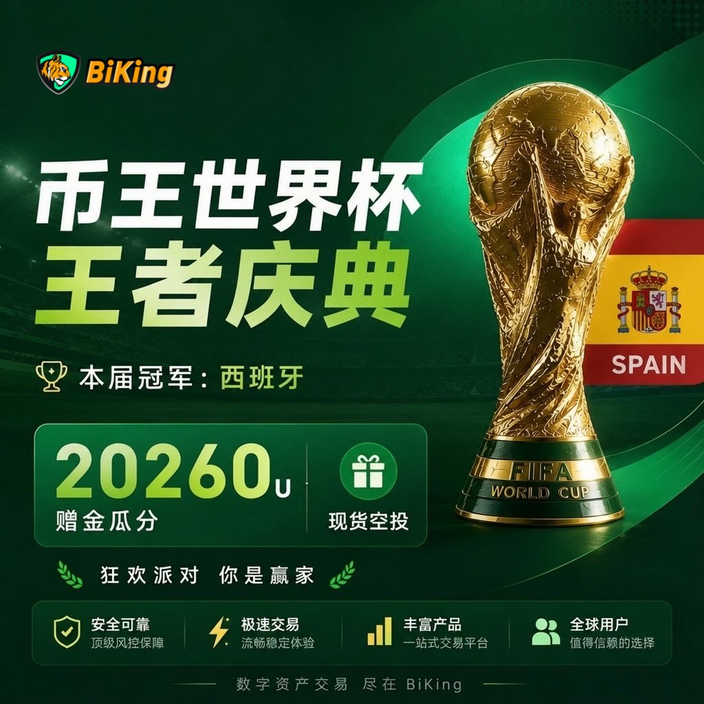 BiKing_CN's tweet photo. 🎉恭喜西班牙2026 #FIFA 世界杯冠军🏆

币王世界杯王者庆典👑
20260U 赠金瓜分+现货空投 狂欢派对💃
现在开启👇

✅关注+转发+❤️
✅评论区写一句庆祝西班牙夺冠的话+你最喜爱的球员名字 并带标签 #西班牙 #币王 #世界杯+@ 3位好友
✅填写 https://t.co/RKIv75VPIp 

🏆新人福利：6U 现货空投x100 位 活动期间注册并充值 ≥100 USDT的用户

⏰3天

作为加密市场的“币王”，我们与每一位王者同行！

快来加入，一起为西班牙呐喊吧✌️ #赠金 #空投