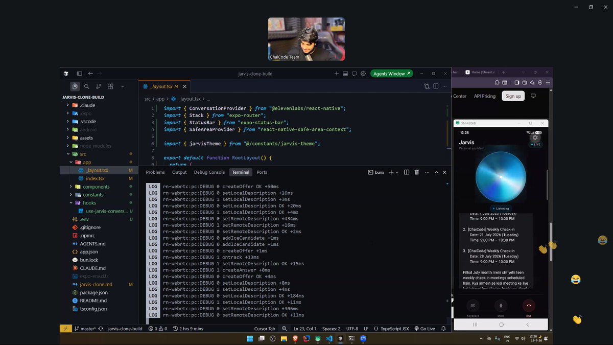 arushkumardev's tweet photo. Last day of the #chaicode Mobile Development Cohort.

Built a Jarvis-like AI Assistant using ElevenLabs. 

A perfect project to end an amazing mobile development journey.

Thanks, @surajtwt_ Sir! 🙌

#ReactNative #Expo #ElevenLabs #AI https://t.co/U5Lr5UIwNA