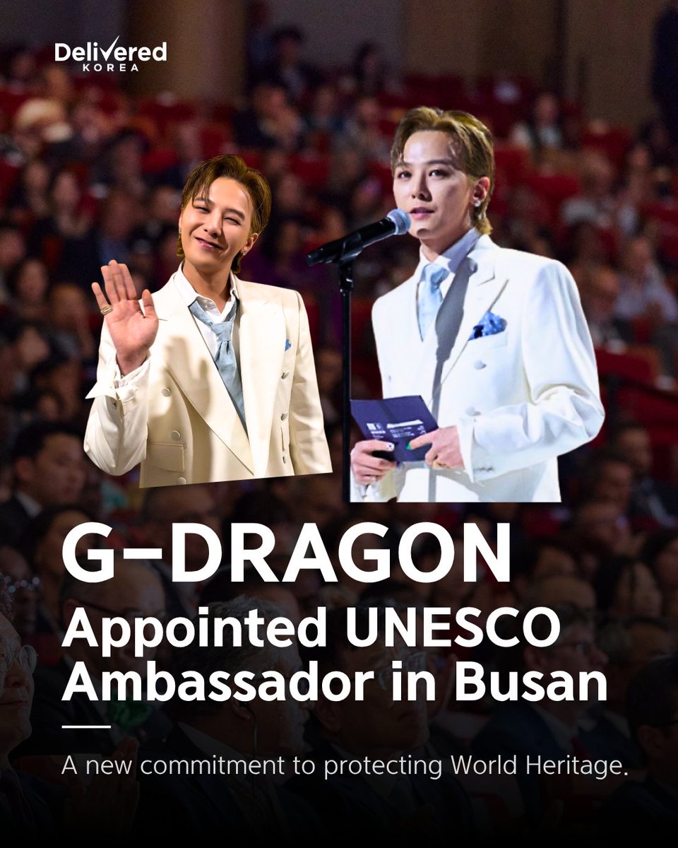 deliveredkorea's tweet photo. G-DRAGON was appointed as the official ambassador for the 48th UNESCO World Heritage Committee in Busan—the first ever held in Korea.

From his message of peace to the Heritage in Peace campaign with JUSPEACE Foundation, here's why this moment matters. 🌍👇

#GDRAGON #UNESCO #Busan #WorldHeritage