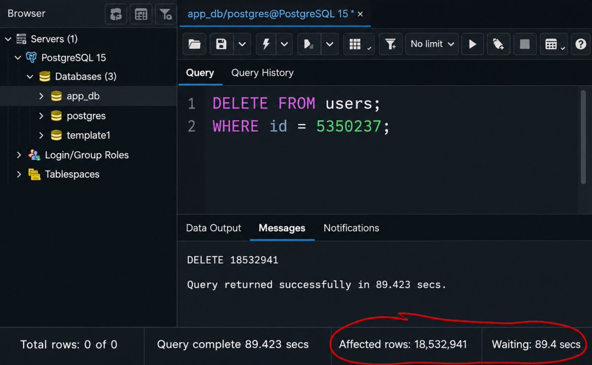 NovaXCode's tweet photo. PostgreSQL is surprisingly slow.

89 seconds just to delete one user...

I even added a WHERE clause. 🤔 https://t.co/WW0oicYTdn