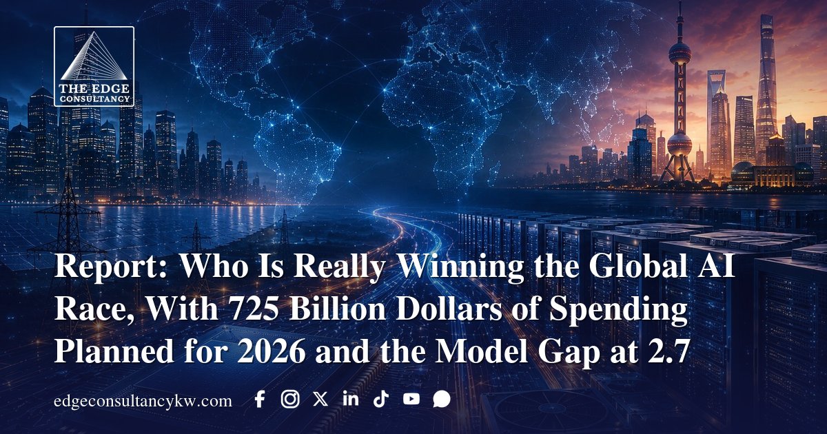 edgeconsultkw's tweet photo. Special Report | The 725 Billion Dollar Question: Who Is Really Winning the Global AI Race?

The AI race is not one contest but five layers, and the winners differ in each.

📌 Amazon, Microsoft, Alphabet and Meta plan 695 to 725 billion dollars of capex in 2026, up 77 percent
📌 The best US-China model gap narrowed to about 2.7 percent by March 2026
📌 Layer leaders: OpenAI in consumer, Anthropic in enterprise, Google in integration, Nvidia in chips
📌 UAE Stargate: a one-gigawatt cluster in a five-gigawatt Abu Dhabi campus, first phase in 2026
📌 UAE AI adoption at 64 percent of the population versus 28.3 percent in the United States

Why it matters: The report reframes the AI race from model benchmarks to capital, infrastructure and monetisation, with roughly 725 billion dollars of annual spending now the central question for returns. For Kuwait and other GCC economies it maps concrete opportunities in financial services, government platforms, energy and Arabic-language systems.

🔗 Full analysis: https://t.co/bpk1FaLllI

→ Download English report: https://t.co/7knTyEDiNQ

→ Download Arabic report: https://t.co/jZIq4rFf70

🔎 Explore other economic reports: https://t.co/vuV39i8yp6

📩 Newsletter: https://t.co/GoTtay2Rcg

📱 WhatsApp channel: https://t.co/kInKHEYdeo

#AI #Semiconductors #Gulf #Markets #Economy