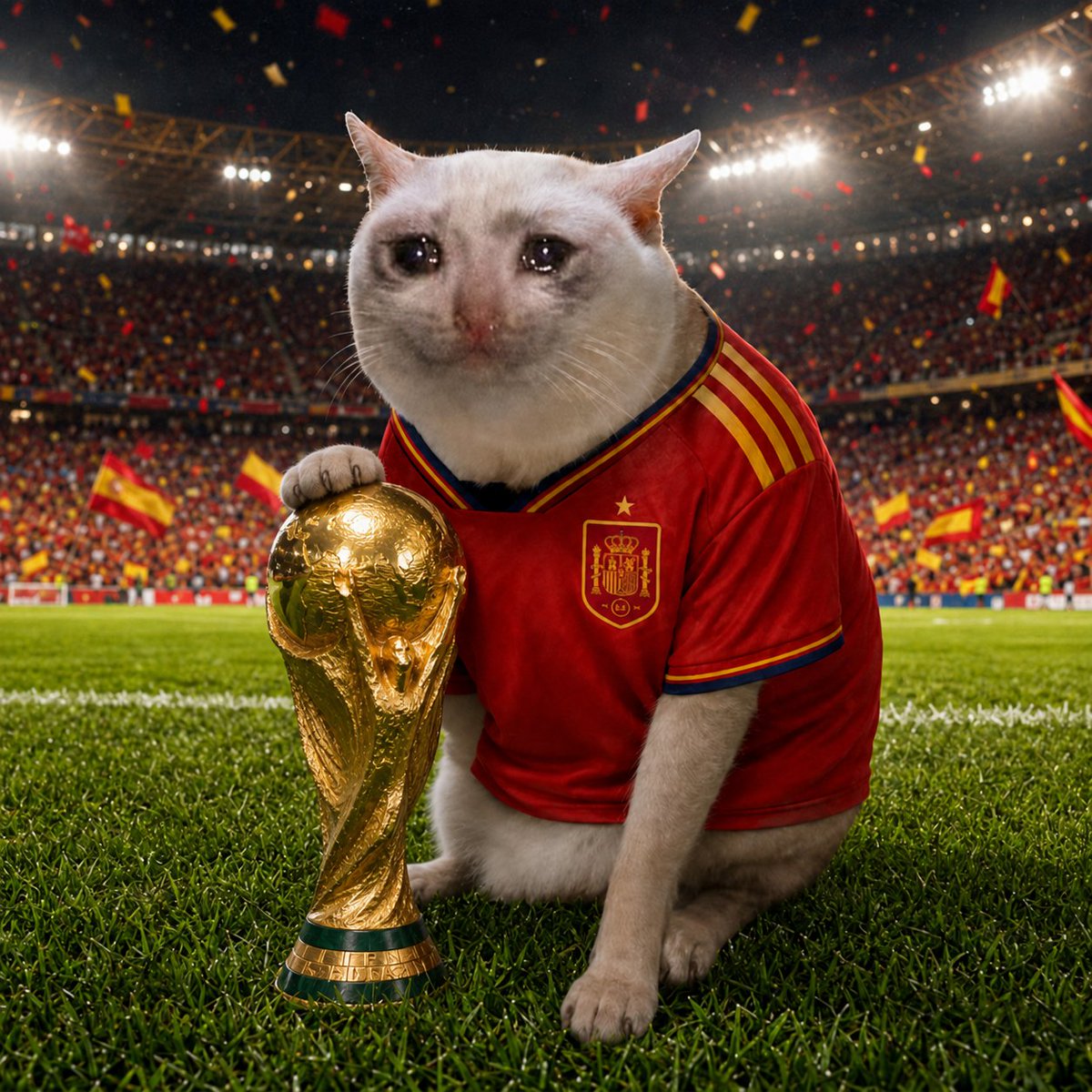 ESPCatSOL's tweet photo. SPAIN CAT HAS WON THE WORLD CUP! 🏆🇪🇸

From tears to triumph—the trophy is finally his! 🐱❤️

#SpainCat #WorldCup2026 https://t.co/iZ2atOlJ3p