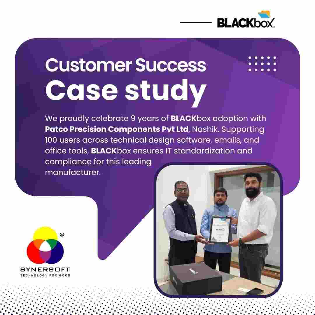 SynersoftTech's tweet photo. 🛡️ 9 Years of Trusted Security!
We’re proud to celebrate Patco Precision Components Pvt. Ltd. entering their 9th year with BLACKbox!
📖 Read the full Case Study here:
👉 https://t.co/aLwZwgZkzV
#BLACKbox https://t.co/hI5xrM4Rvq