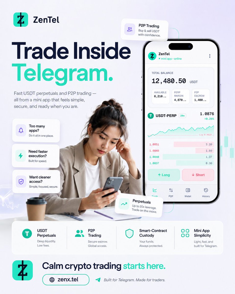 ZenWalletapp's tweet photo. Calm crypto trading starts inside Telegram. 

Trade smarter, move faster, and keep it simple with ZenTel.

🌐 Start now: https://t.co/BZC4uQrlpa
Hashtags: #ZenTel #TelegramTrading #CryptoTrading #USDTTrading #P2PTrading https://t.co/PCEpXvbMxA