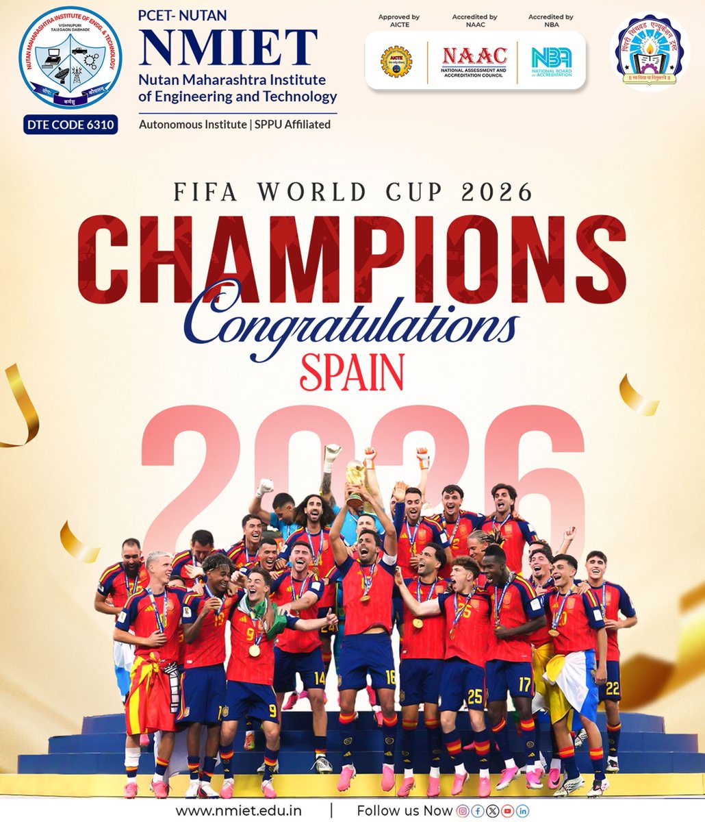 NmietP's tweet photo. 🏆🇪🇸 Congratulations to Spain, the FIFA World Cup 2026 Champions!
A phenomenal display of talent, teamwork, and determination has earned Spain football's greatest prize. 🌍⚽
#FIFAWorldCup2026 #SpainChampions #WorldCup2026 #Football #NMIET #CongratulationsSpain 🏆⚽ https://t.co/lIcZwlsUVy