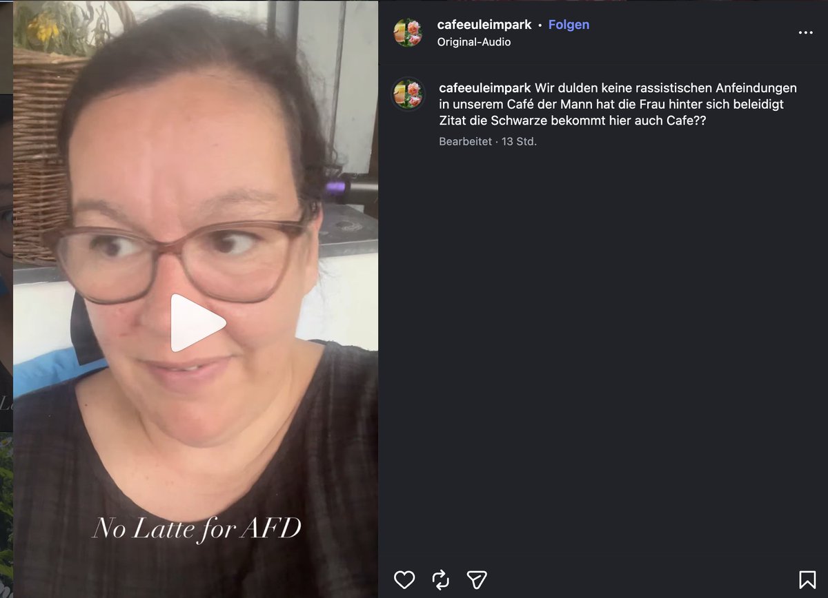 MitAktien's tweet photo. Plötzlich ändert sie ihre Geschichte! Sie hat den "AfD-Vollschmock" also nicht bedient, weil er angeblich eine schwarze Frau beleidigt hätte (lest ihren Text). Komischerweise hat sie den Beitrag vor 13 Stunden abgeändert, das eigentliche Video ist aber 2 Tage alt. Und dort hat sie rein gar nichts von einer rassistischen Beleidigung gesagt! Und genau das wäre aber ja tatsächlich ein Aufreger-Video wert gewesen. Diese Geschichte hat sie doch einfach deshalb erfunden, weil sie auf einmal Gegenwind bekommen hat! Wahrscheinlich liegt dieses Café Eule im Park in Wahrheit nicht am Gleisdreieck, sondern im Paulanergarten!