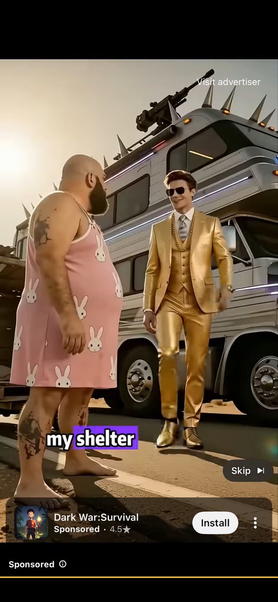 iMatti_'s tweet photo. The ads on YouTube for the game app #DarkWarSurvival cracks me up. The overweight guy is often with a beautiful woman and she slaps him or someone else does. He’s constantly humiliated. Weird advertisement. 

#AIAds #AIAdvertisement #Beta #Prepper #DarkWar #War #WarGame https://t.co/nVY7AZOtqn