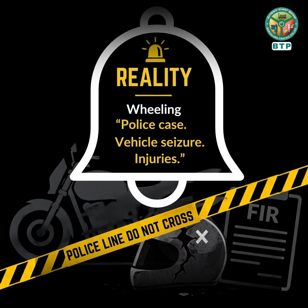 blrcitytraffic's tweet photo. Expectation: Instagram fame.
Reality: Police case, vehicle seizure and injuries.
Wheeling isn’t a stunt it’s a dangerous offence. Keep both wheels on the road, not your life on the line.
#ExpectationVsReality #NoWheeling #RideResponsibly #BengaluruTrafficPolice
@CPBlr @seemantsingh96 @DgpKarnataka @DgpKarnataka @KarnatakaCops