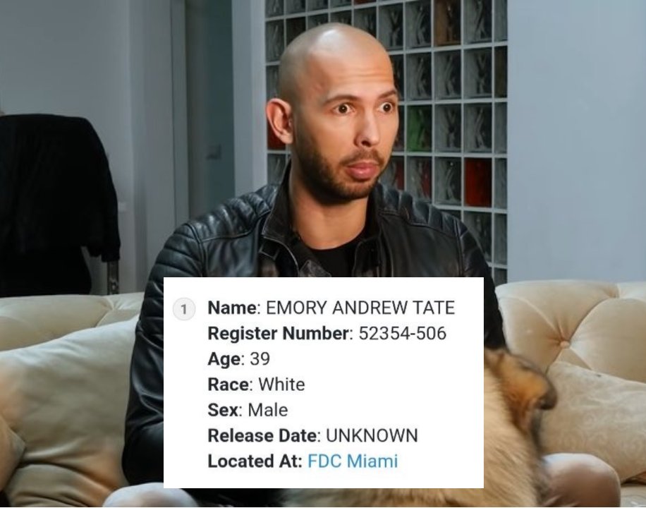 Gadget440's tweet photo. 🚨Andrew Tate now listed in the Federal Bureau of Prisons system under BOP Register Number 52354-506. 

He is listed under his mother's race: white. https://t.co/vy9iu2HCob