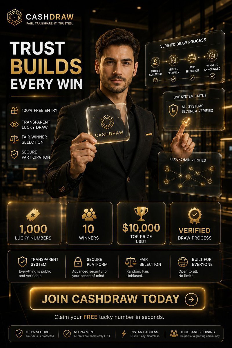 _CashDraw_'s tweet photo. Trust isn't claimed. It's built.

At CashDraw, every lucky number gets a fair chance.

🎟️ 100% FREE Entry
🏆 Top Prize: $10,000 USDT
🎯 1,000 Lucky Numbers
🥇 10 Winners
🔒 Transparent. Secure. Fair.

Claim your FREE lucky number today.

👉 https://t.co/awXiTpqKOv

#CashDraw #Crypto #USDT #Web3 #Telegram #CryptoGiveaway #CryptoAirdrop #Bitcoin #Ethereum #Solana #TON #Blockchain #DeFi #CryptoCommunity #CryptoTrading #WinUSDT #WinCrypto #LuckyDraw #FreeEntry #Giveaway