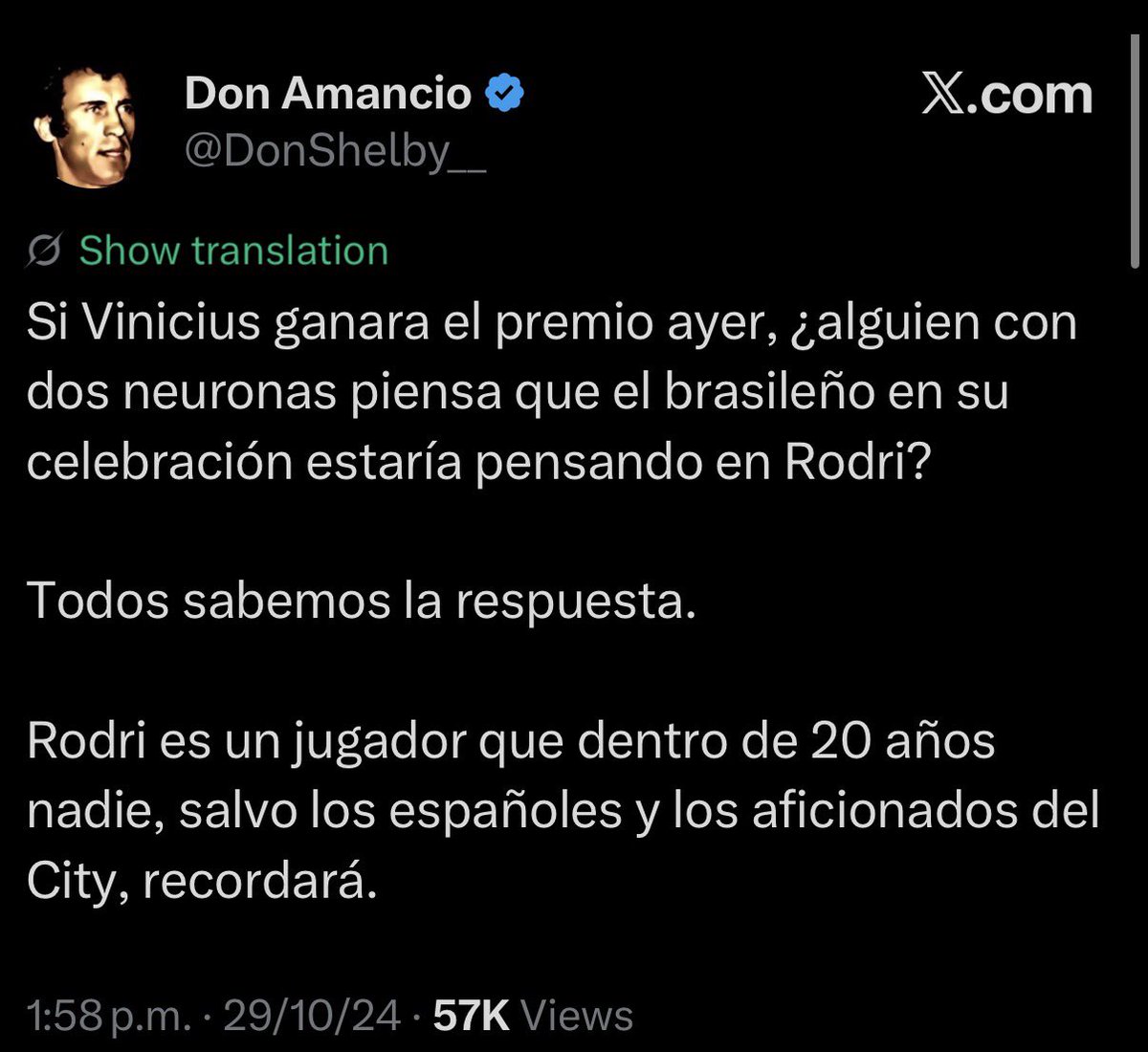 OtroCuleMexa's tweet photo. Será muy lindo leer a los madridistas varias semanas chuparle la verga a Rodri cuando le dijeron los peores insultos posibles por “robarle” el balón de oro a Vinicius 

Este tuit lo encontré en 30 segundos :) https://t.co/rDmLefvVCT