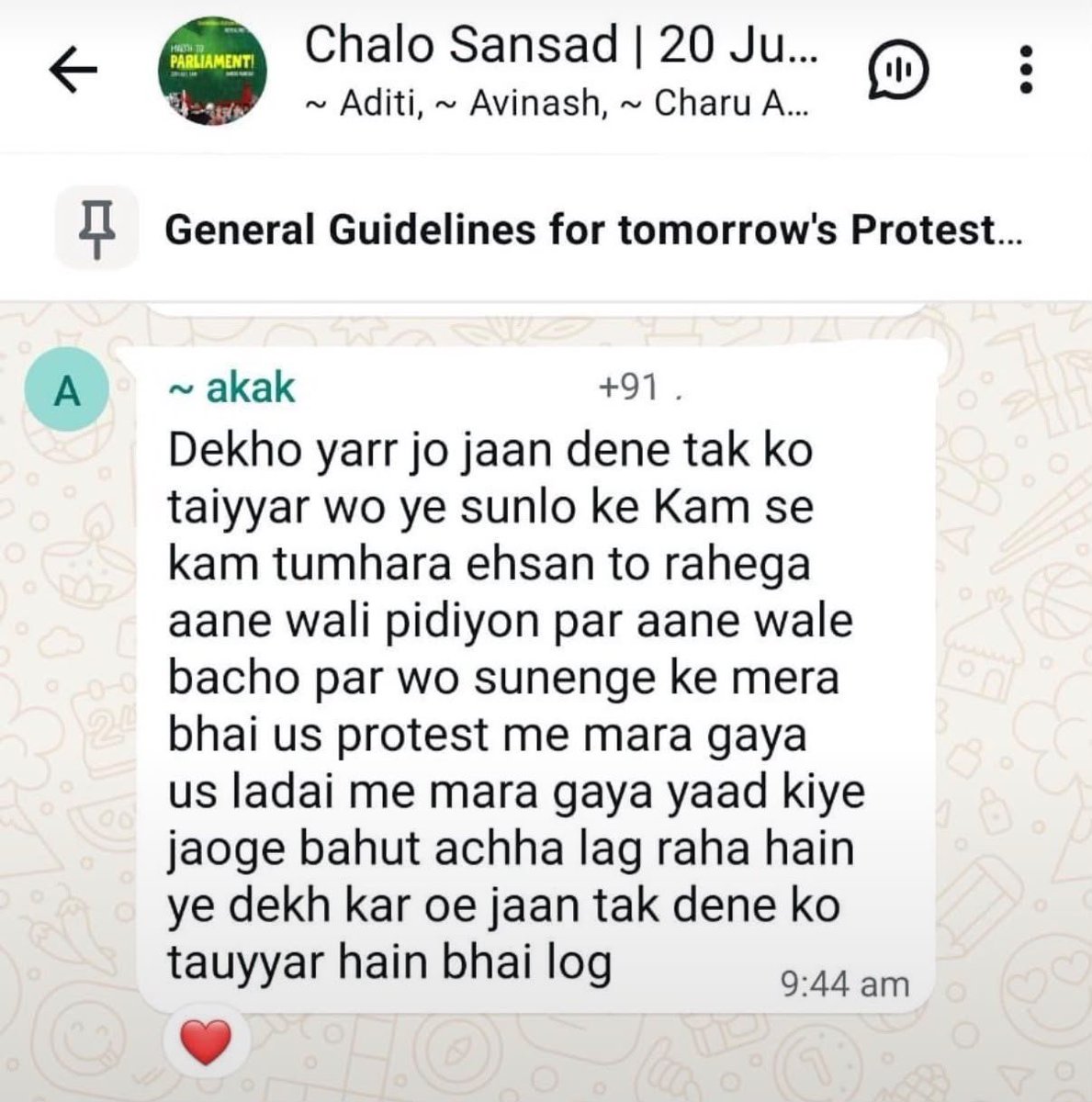 HCP_2026's tweet photo. Repost as much as possible.

There's a WhatsApp group called "Chalo Sansad," which may have been created by some Cockroach Janta Party supporters.

It's being openly stated in this group:

> That if someone di*es in this protest, it will put more pressure on the government.

> In another chat, it's clearly stated that if someone is willing to sac*rifice their life, their gratitude will be felt for generations to come. People will remember them.

With this kind of ideology and planning, such people are trying to turn this protest and Jantar Mantar, Delhi, into a bloody conflict.

Do Abhijeet Dipke and his cockroaches want to see such an incident?

@DelhiPolice, please take the strictest legal action against such people. Strict action should also be taken against @abhijeet_dipke, who is harboring such anti-social elements.
