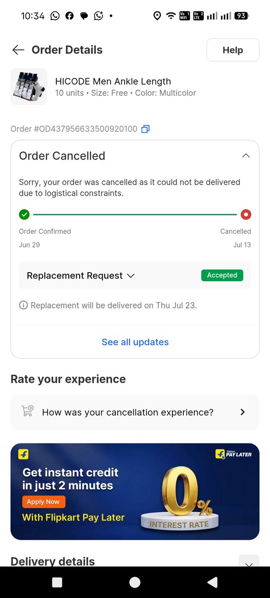 dkdwivedidelhi's tweet photo. @flipkartsupport @Flipkart , Hi I have order socks on 29th June 26 vide order no OD437956633500920100, and it has cancelled on 13th July. Now again replacement scheduled on 13th and it is showing the delivery date 23rd. It means I will get my things in around 1 month. https://t.co/w9LbnUhNWo