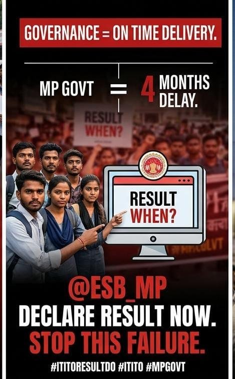 YashMehta2510's tweet photo. 4 महीने बीत गए।
मार्च में ITI TO एग्जाम हुआ।
सरकार की जिम्मेदारी थी समय पर रिजल्ट देना।
पर @ESB_MP से सिर्फ चुप्पी और "जल्दी आएगा"। @DrMohanYadav51 @JansamparkMP @TheSootr @DainikBhaskar @BhopalSamachar 
@IndianExpress
यही है समय पर governance?
#ITITORESULTDO #ITITO #MPGOVT https://t.co/Kz0zAJf7oi